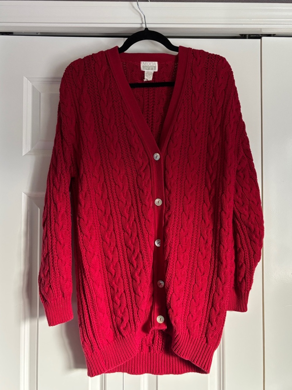 90s Moda International Cable Knit Button-Front Cardigan - Red